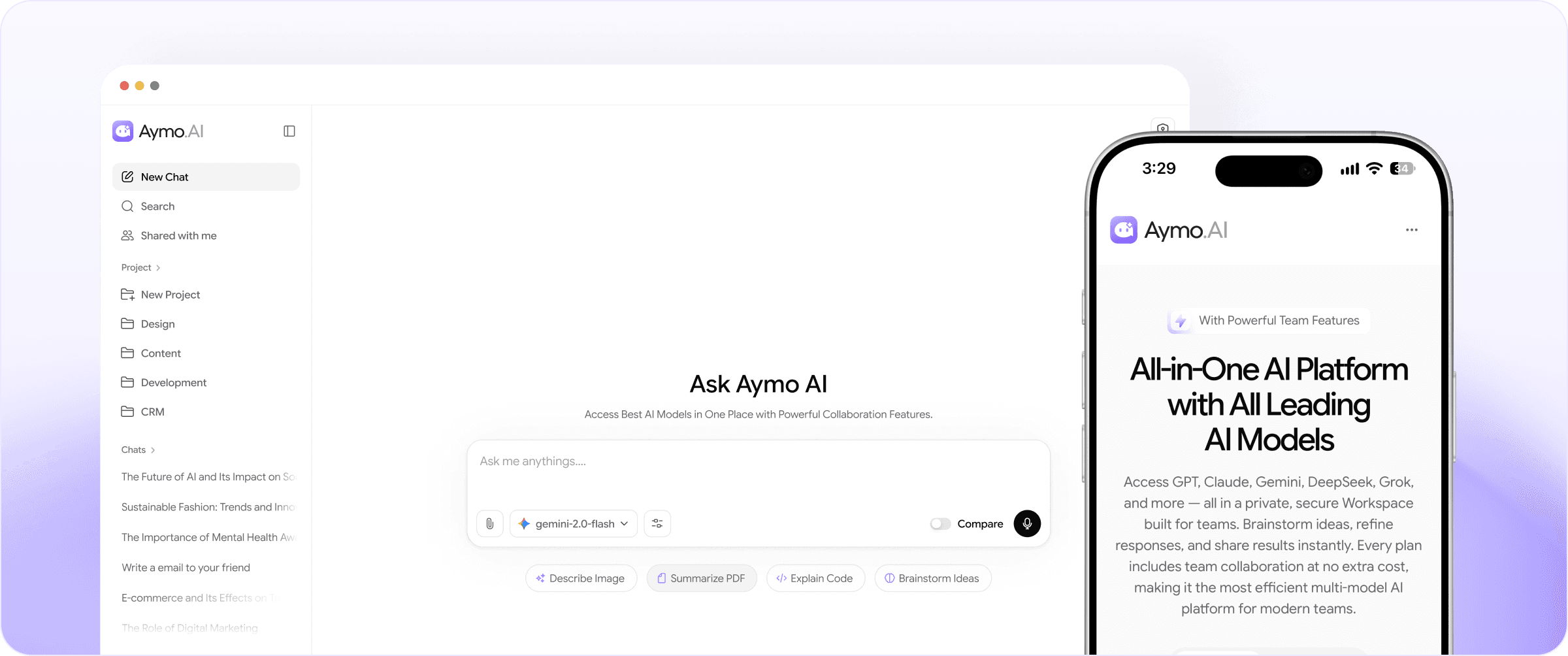 Aymo AI desktop window and mobile app showing a chat with multiple AI models